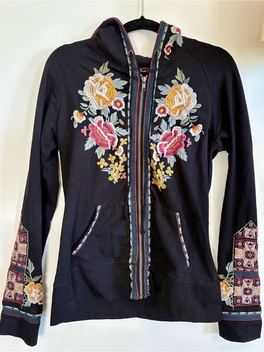 Johnny Was Hoodie Women S Embroidered Floral Roses Bohemian Full Zip